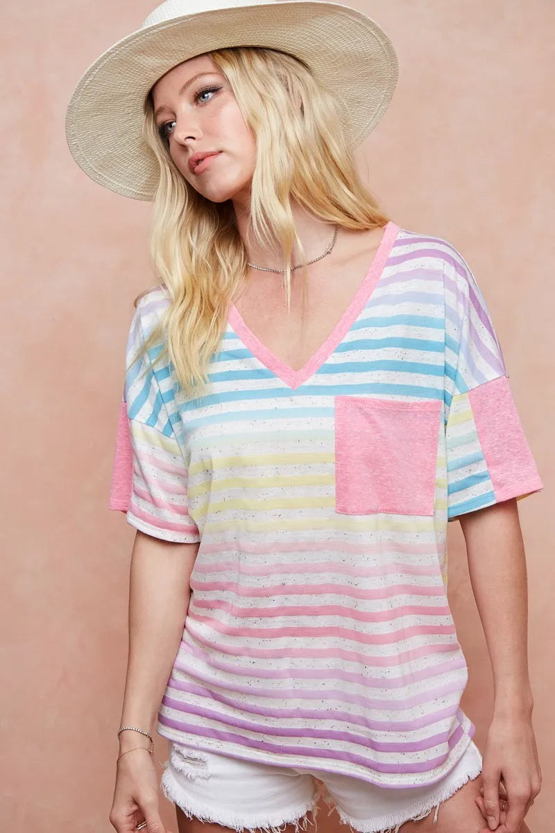 BiBi Rainbow Stripe Printed Triblend Knit Top - Love Salve